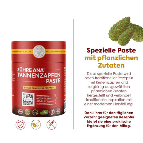 Zühre Ana Stevia Katkılı Kozalak Macunu kavanozu ve çam kozalakları