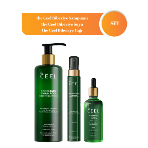 the Ceel Biberiye Seti - Rosemary shampoo, water, and oil for hair care