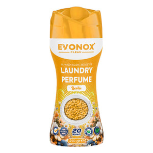 Evonox Clean Granül Çamaşır Parfümü Berlin Serisi 210 gram şişede, çamaşırlar için ferah koku sağlar, pratik granül formu ve ayarlanabilir koku yoğunluğu ile çamaşır makinesinde kullanıma uygun.