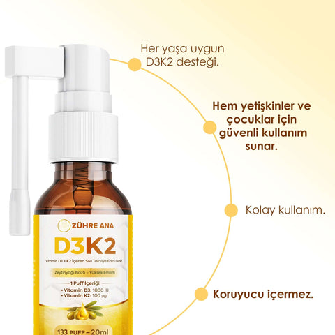 Vitamin D3 K2 Sprey, zeytinyağı bazlı yüksek emilimli D3 + K2 takviyesi