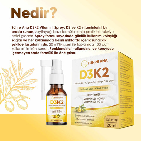 Vitamin D3 K2 sprey, zeytinyağı bazlı yüksek emilimli takviye, Zühre Ana markası