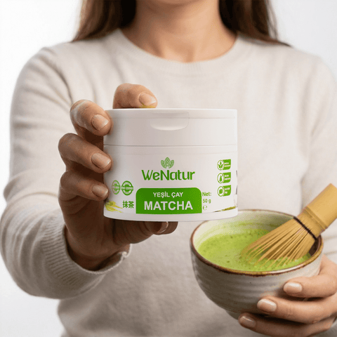 WeNatur Matcha Yesil Cay Tozu 50g ambalajı ve çırpıcı ile hazırlanan matcha çayı.