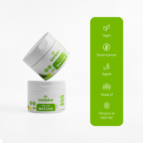 WeNatur Matcha Yesil Cay Tozu 50g ambalajı, vegan ve organik yeşil çay tozu ürünü.
