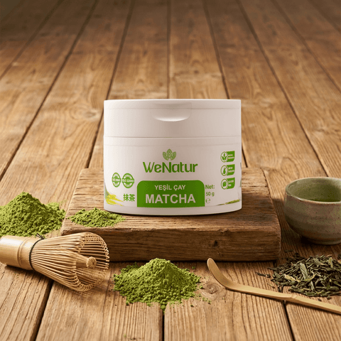 WeNatur Matcha Yesil Cay Tozu 50g ambalajı, yeşil çay tozu ve çay aletleri ile doğal bir arka planda.