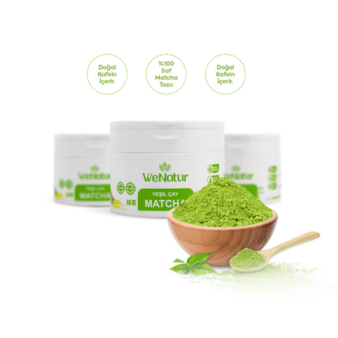 WeNatur Matcha Yesil Cay Tozu 50g, doğal yeşil çay tozu, vegan ve katkı maddesi içermez.