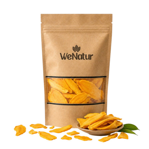 500 gram paket mango kurusu, yumuşak ve lifli yapıda, yoğun mango aromalı pratik atıştırmalık