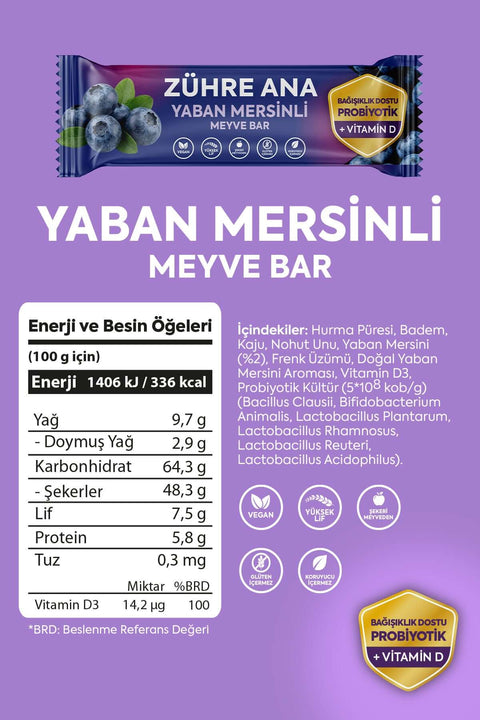 YABAN MERSİNLİ MEYVE BAR 12 adet, doğal meyve barı, yüksek lif, probiyotik, vegan, sağlıklı atıştırmalık.