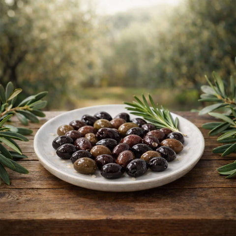 Yağlı Sele Siyah Zeytin İri Boy ( Manisa Akhisar ) 700g - İri siyah zeytinler zeytinlikte servis edilen tabakta.