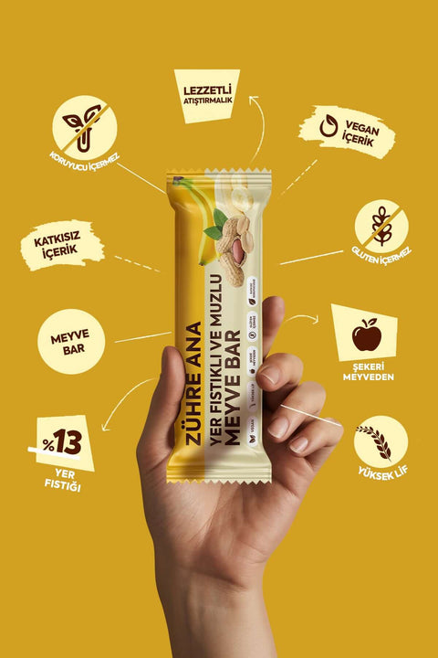 YER FISTIKLI VE MUZLU MEYVE BAR 12 adet, sağlıklı ve lezzetli vegan atıştırmalık, %13 yer fıstığı içerir.