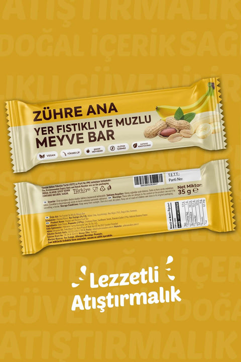 YER FISTIKLI VE MUZLU MEYVE BAR 12 adet ambalajı, sağlıklı ve lezzetli atıştırmalık özellikleriyle.