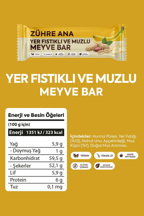 YER FISTIKLI VE MUZLU MEYVE BAR 12 adet, sağlıklı ve pratik atıştırmalık, yüksek lifli, vegandır.
