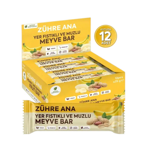 YER FISTIKLI VE MUZLU MEYVE BAR 12 adet kutuda pratik ve sağlıklı atıştırmalıklar.