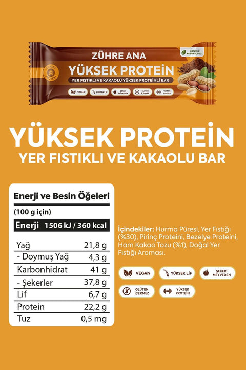 YER FISTIKLI VE KAKAOLU YÜKSEK PROTEİNLİ BAR 12 adet, yüksek proteinli ve doğal atıştırmalık.