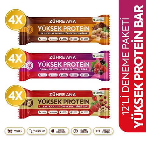 Proteinli Meyve Bar Deneme Paketi 12 adet, Yer Fıstıklı, Orman Meyveli, Çilekli Kaju barlar.