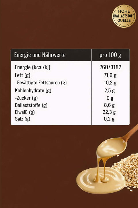 Zühre Ana Tek Kavrulmuş Taze Tahin nutritional information, including fats, carbohydrates, protein, and fiber content.