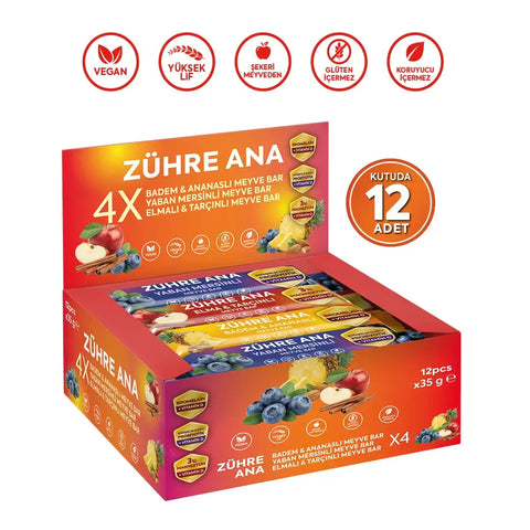 Zühre Ana Fonksiyonel Meyve Bar Deneme Paketi 12 adet, vegan, glüten içermeyen, sağlıklı atıştırmalık.