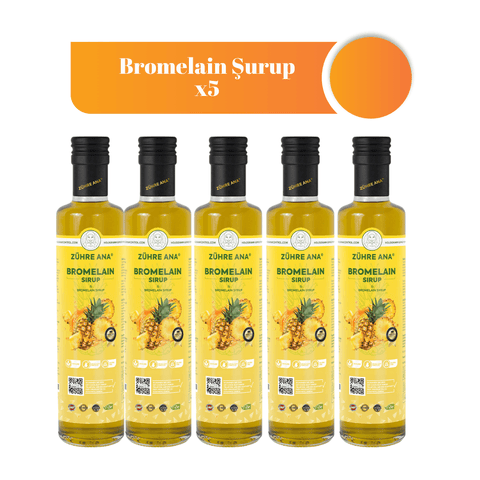 Bromelain Şurubu 250 ml x 5, Zühre Ana ananas ekstraktı içeren sıvı gıda takviyesi.