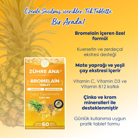 Zühre Ana Bromelain Tablet 1250 mg quercetin ve krom içeren 60 tablet paket