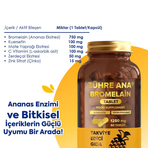 Zühre Ana Bromelain Tablet 1250 mg quercetin ve krom içeren ananas ekstraktı takviyesi