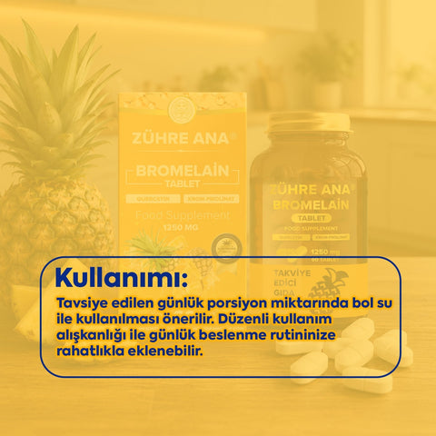 Zühre Ana Bromelain Tablet 1250 mg quercetin ve krom içeren ananas ekstraktı takviyesi