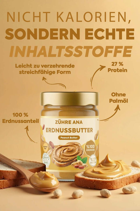 Zühre Ana Şeker İlavesiz %100 Fıstık Ezmesi kavanozu ve fıstık ezmesi ile gösterilmektedir.