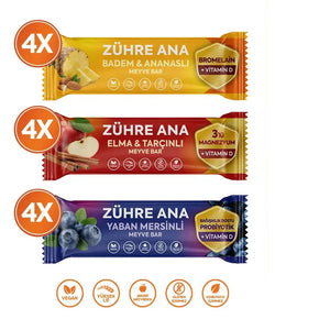Zühre Ana Fonksiyonel Meyve Bar Deneme Paketi 12 adet, üç farklı lezzette meyve barları gösteren ambalaj