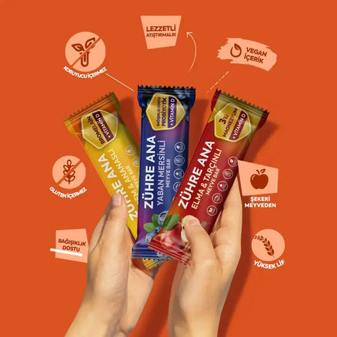Zühre Ana Fonksiyonel Meyve Bar Deneme Paketi 12 adet ile lezzetli vegan atıştırmalık çeşitleri.
