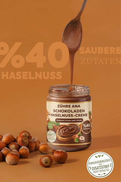 Zühre Ana Katkısız Kakaolu Fındık Kreması jar with spoon, highlighting 40% hazelnut content.