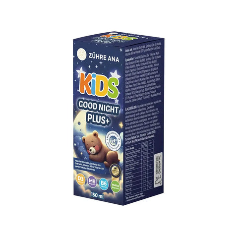 Zühre Ana Kids Good Night Plus Uyku Şurubu, bitkisel ekstraktlarla desteklenen uyku takviyeli ürün.