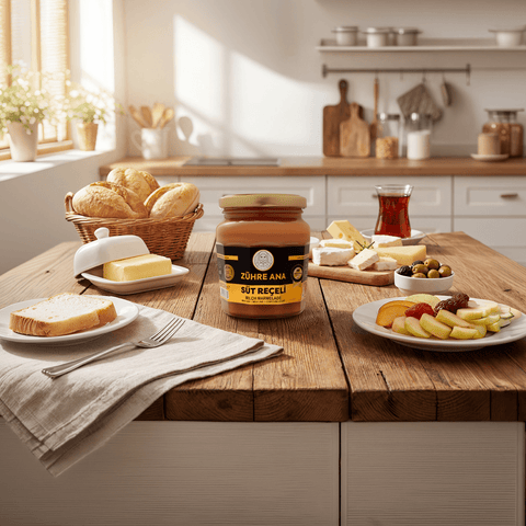 Zühre Ana Süt Reçeli jar on a kitchen table with breakfast items like bread, butter, and fruit.